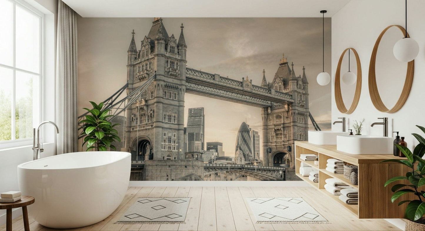 Panoramic urban view wall mural in a high-ceiling guest room.
