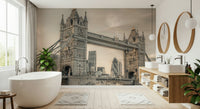 Panoramic urban view wall mural in a high-ceiling guest room.