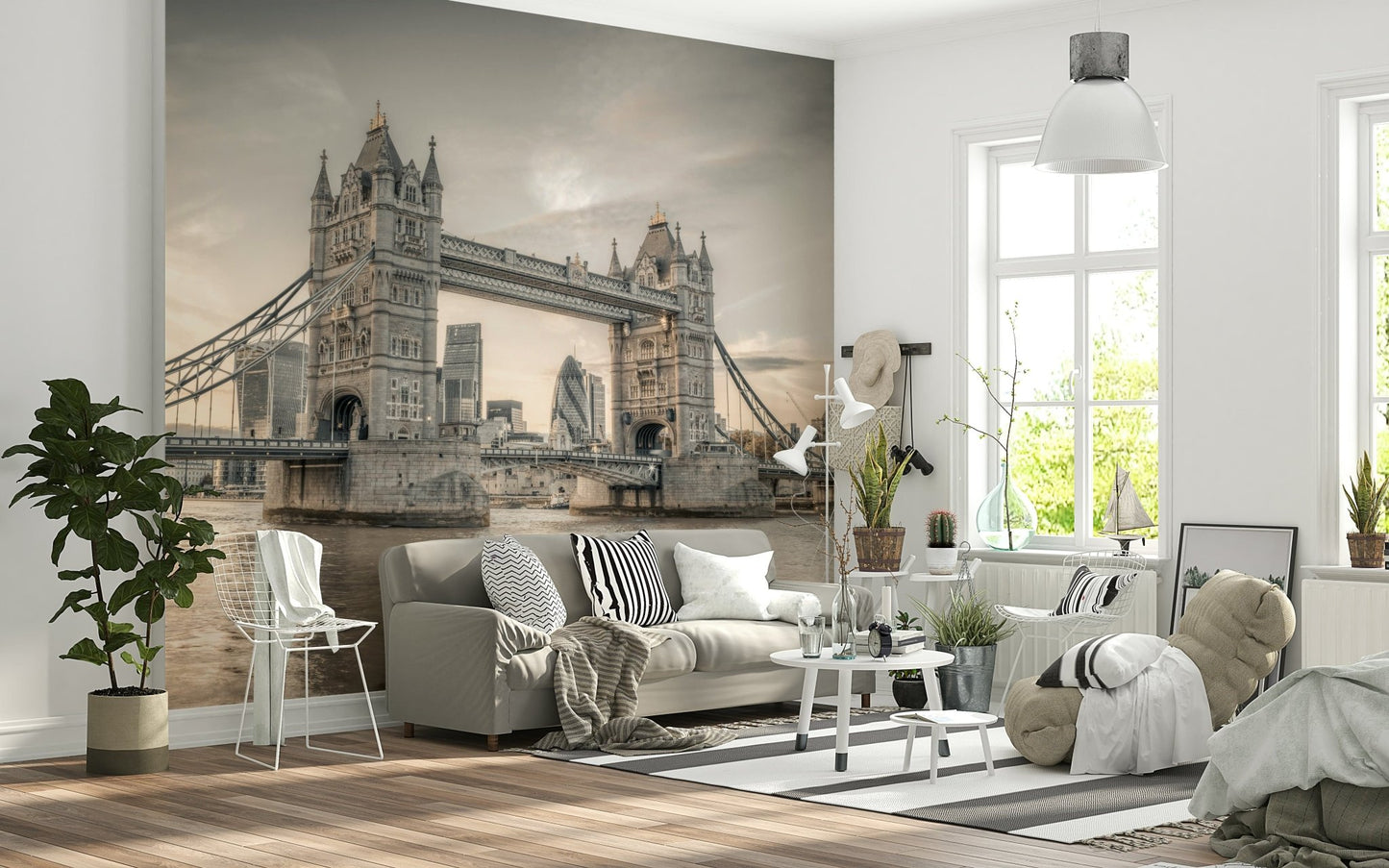 Detailed London's Tower Bridge wallpaper in a professional home office.