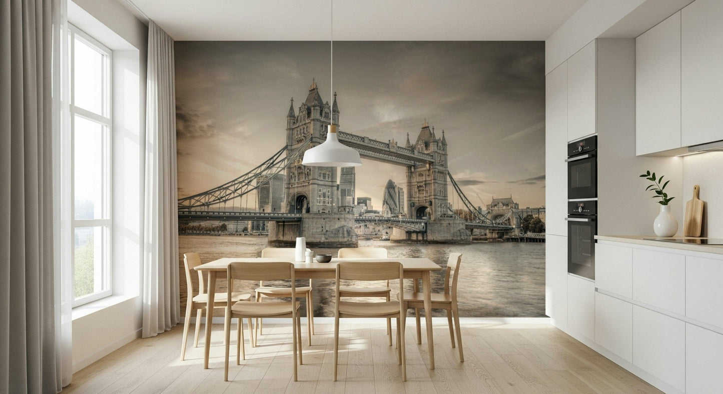 Urban cityscape wall mural featuring the Thames and historic bridge.