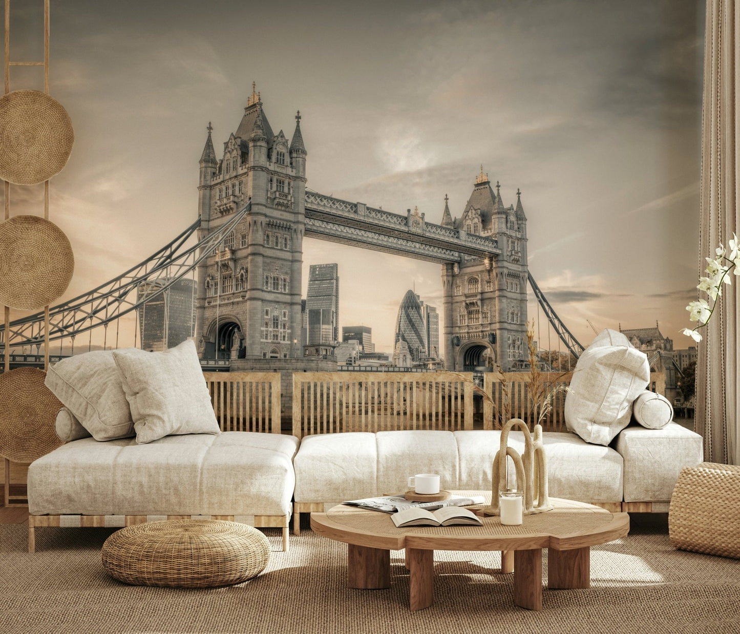 Architectural landmark wall mural in a minimalist apartment study.