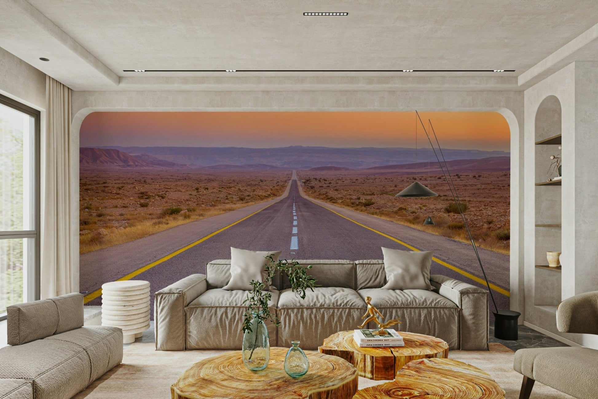 Road trip wall mural featuring endless highway views.

