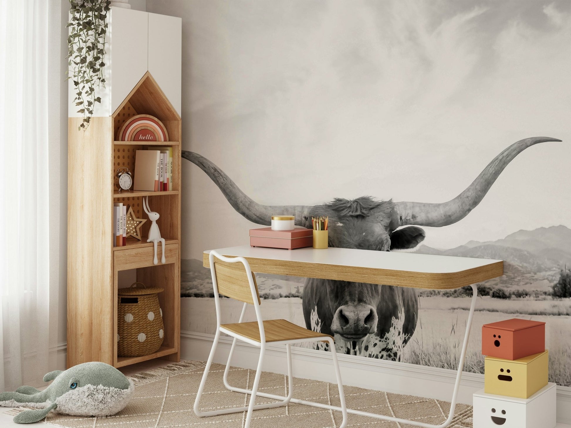 Detailed longhorn horns and powerful presence.

