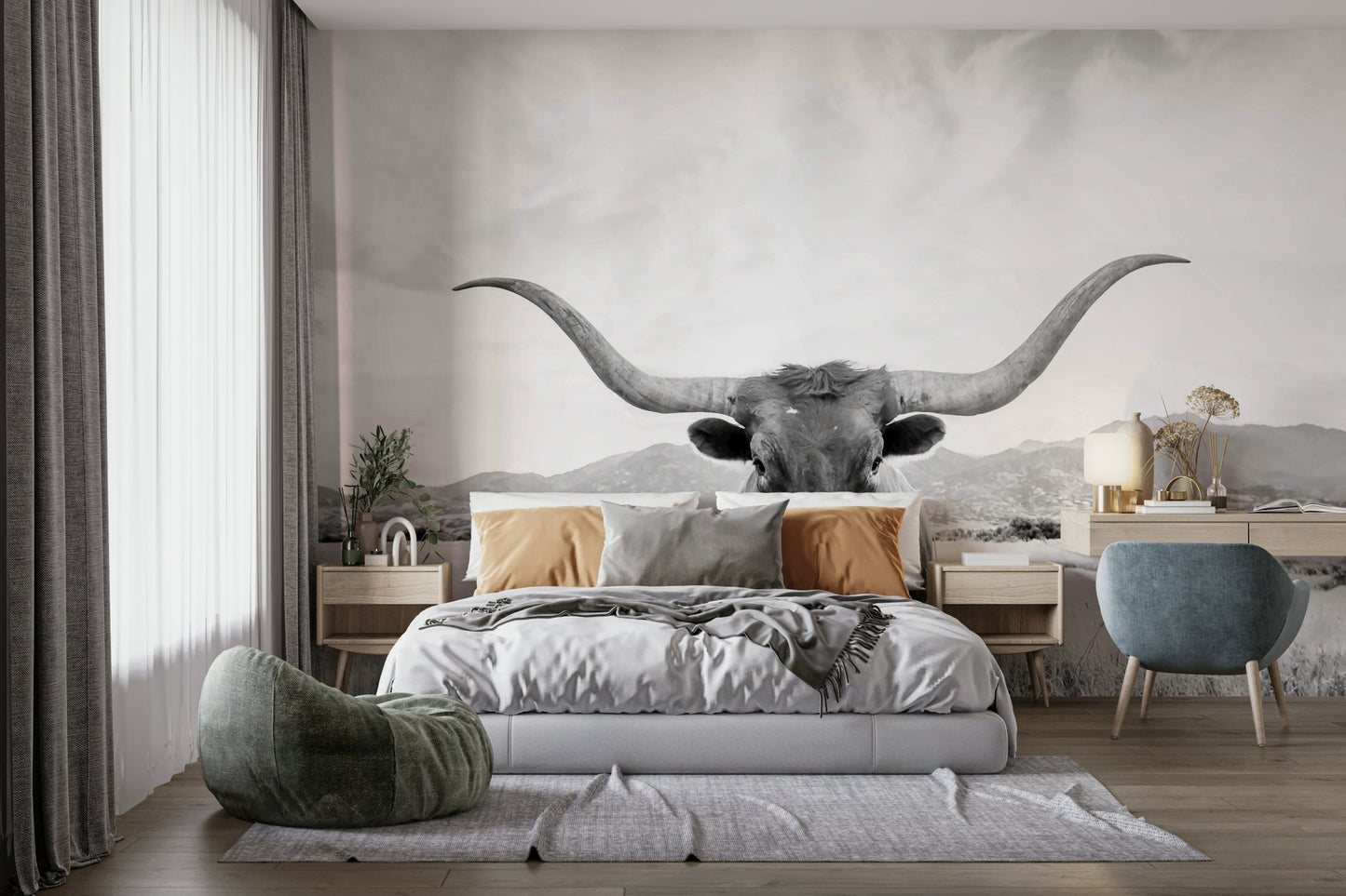 Wall covering evoking the American West and nature.

