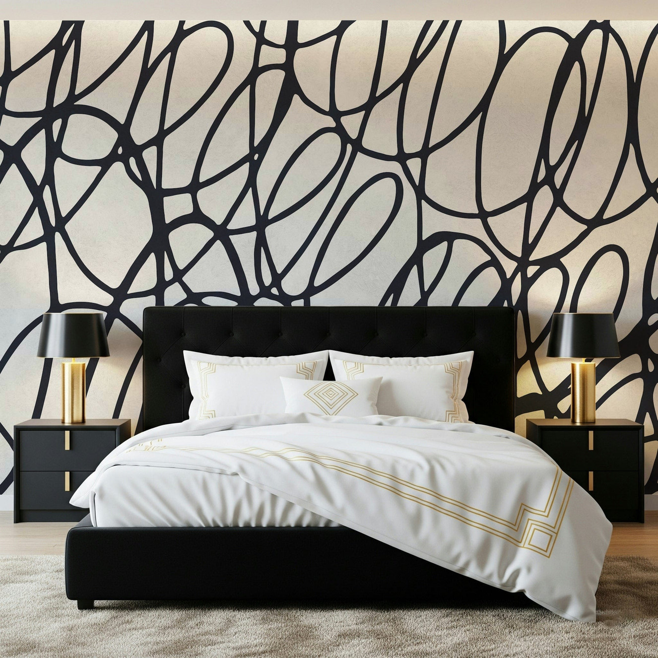 Loop Lines wallpaper for walls black abstract scribble art design.