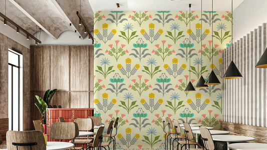 Features stylized flowers and botanical elements.
