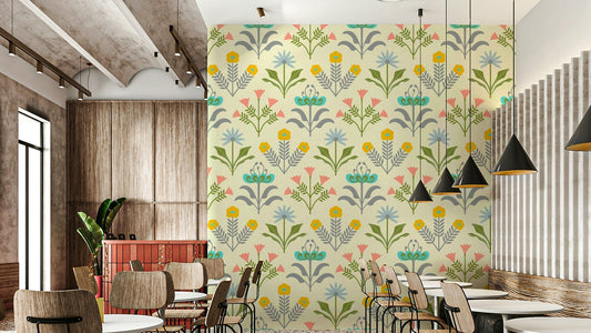 Features stylized flowers and botanical elements.
