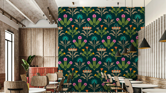 Features stylized flowers and botanical elements.
