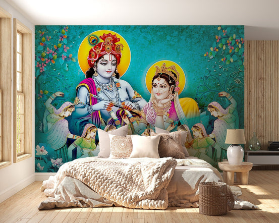 Radha Krishna mural with vibrant Gopis, B368