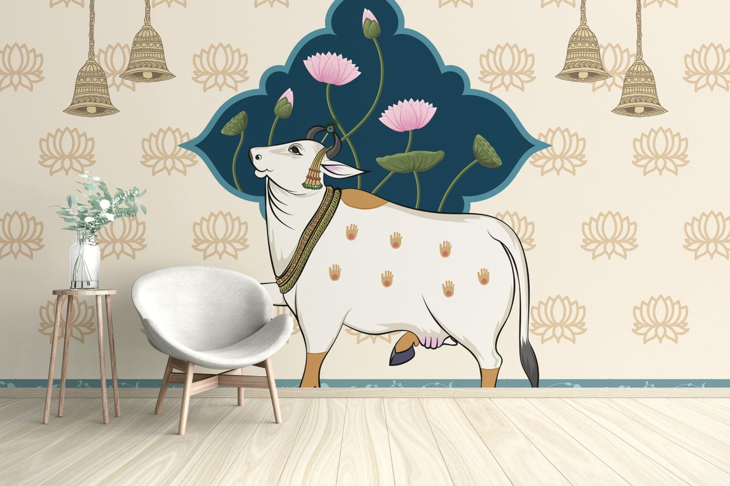 Lotus & Nandi Pichwai Heritage Wallpaper