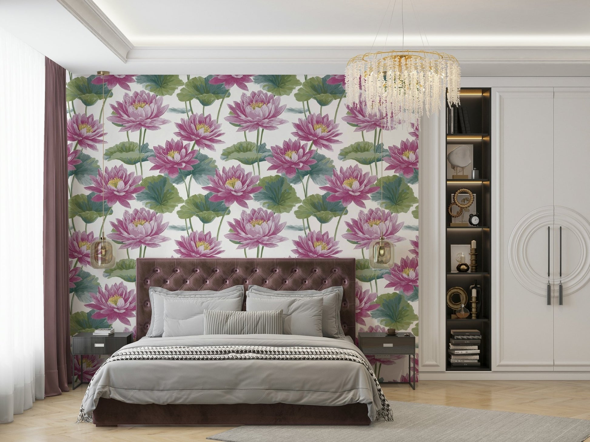 The room feels calm and serene due to the beautiful floral design.

