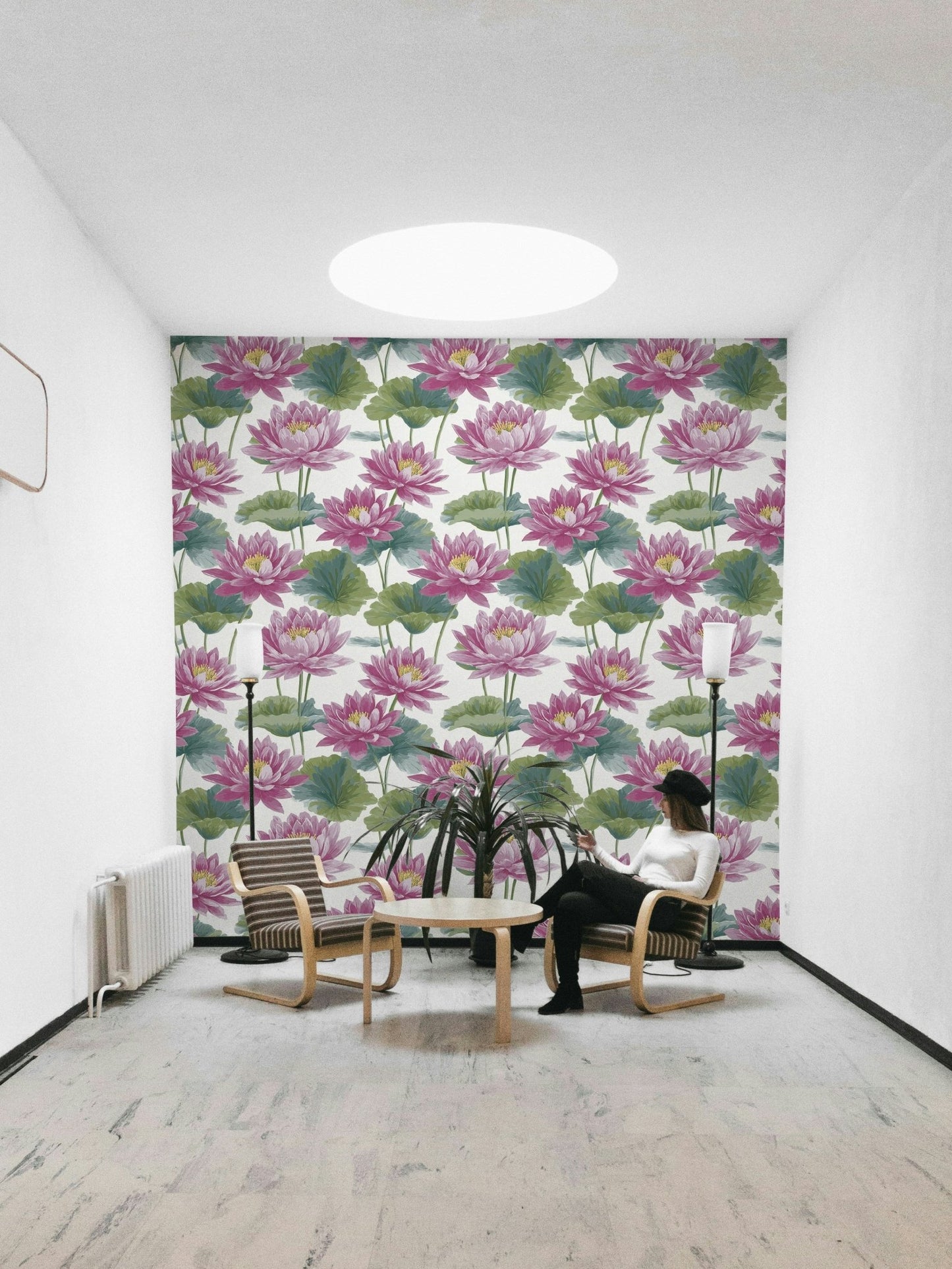 The design features large, elegant lotus blossoms and lily pads in a harmonious arrangement.

