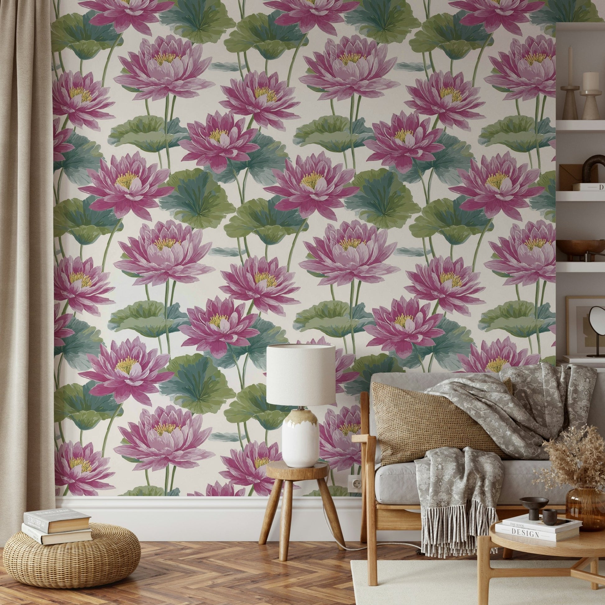 A high-resolution artistic wall mural of blooming lotus flowers.

