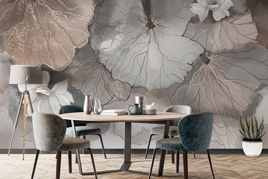 Elegant lotus leaf mural in peach tones C204
