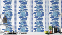 Vertical lotus stripe wallpaper in blue hues
