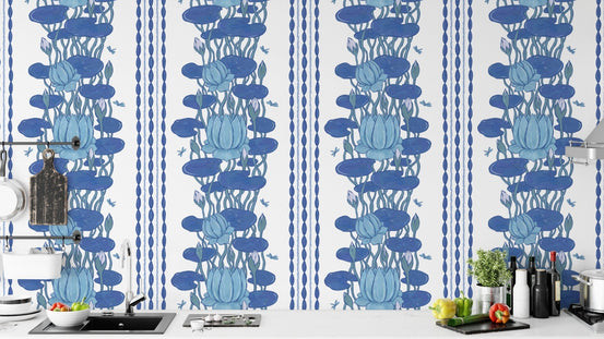 Vertical lotus stripe wallpaper in blue hues
 RNM62