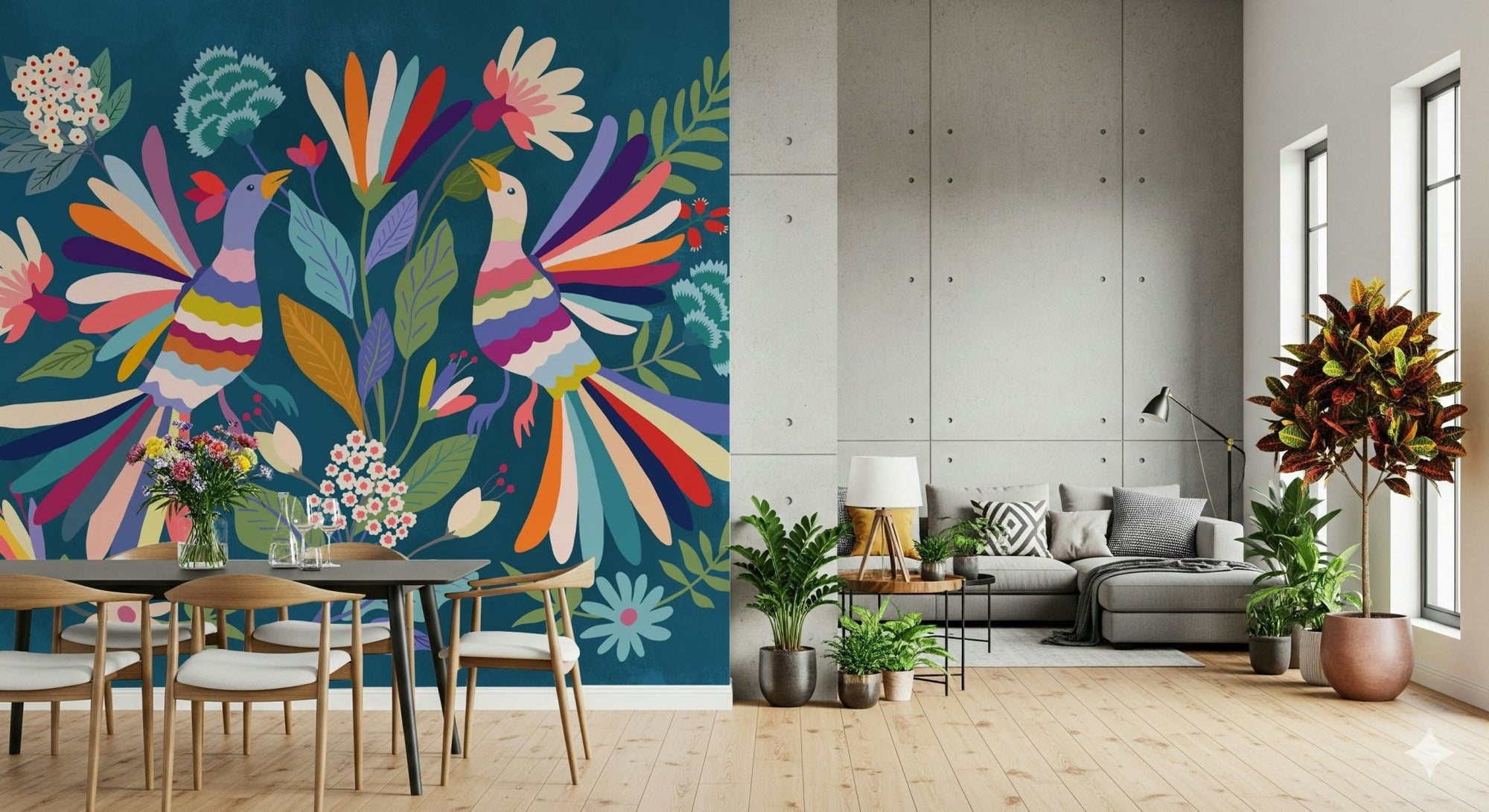 Love Birds wall mural in a soft pastel living room with neutral décor., GD7817