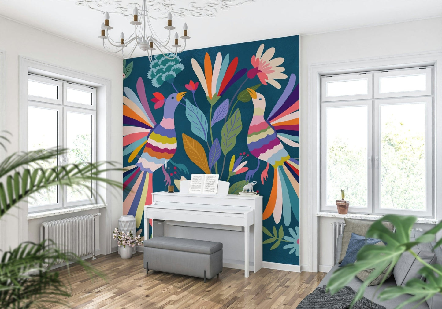 Detailed floral and bird wallpaper for a cozy reading nook.