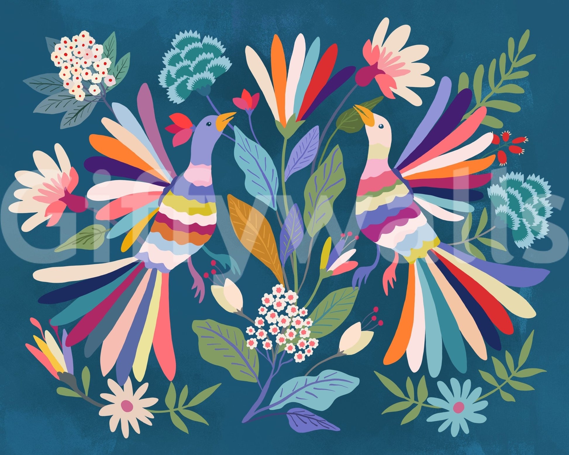 Artistic Love Birds wall mural for a creative studio setup.