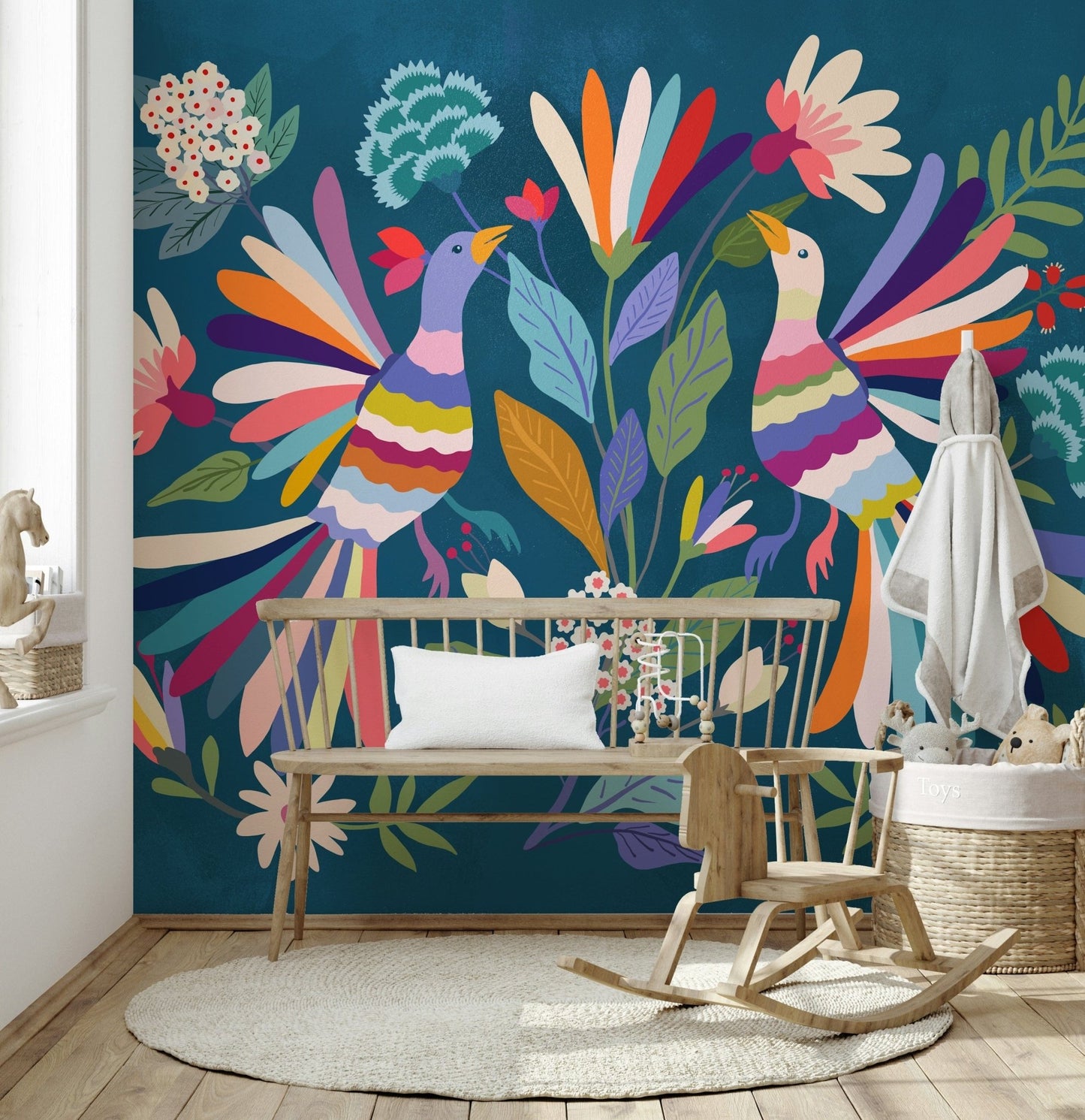 Artistic bird wallpaper for a romantic bedroom feature wall.