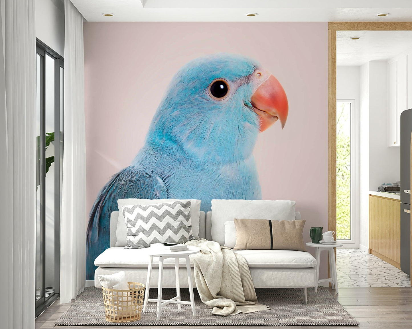 Artistic lovebird mural perched among lush foliage


