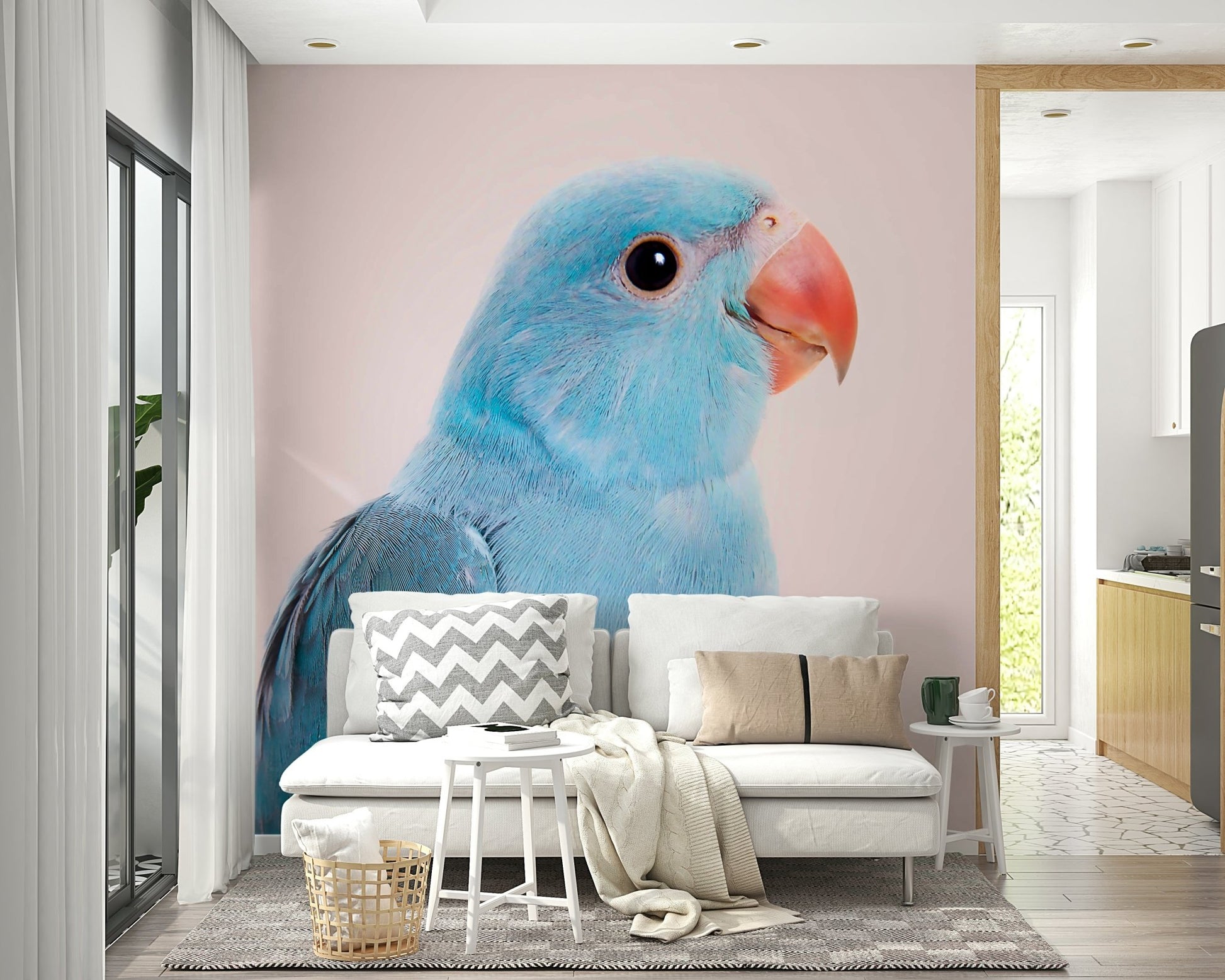 Artistic lovebird mural perched among lush foliage

