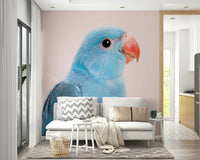 Artistic lovebird mural perched among lush foliage

