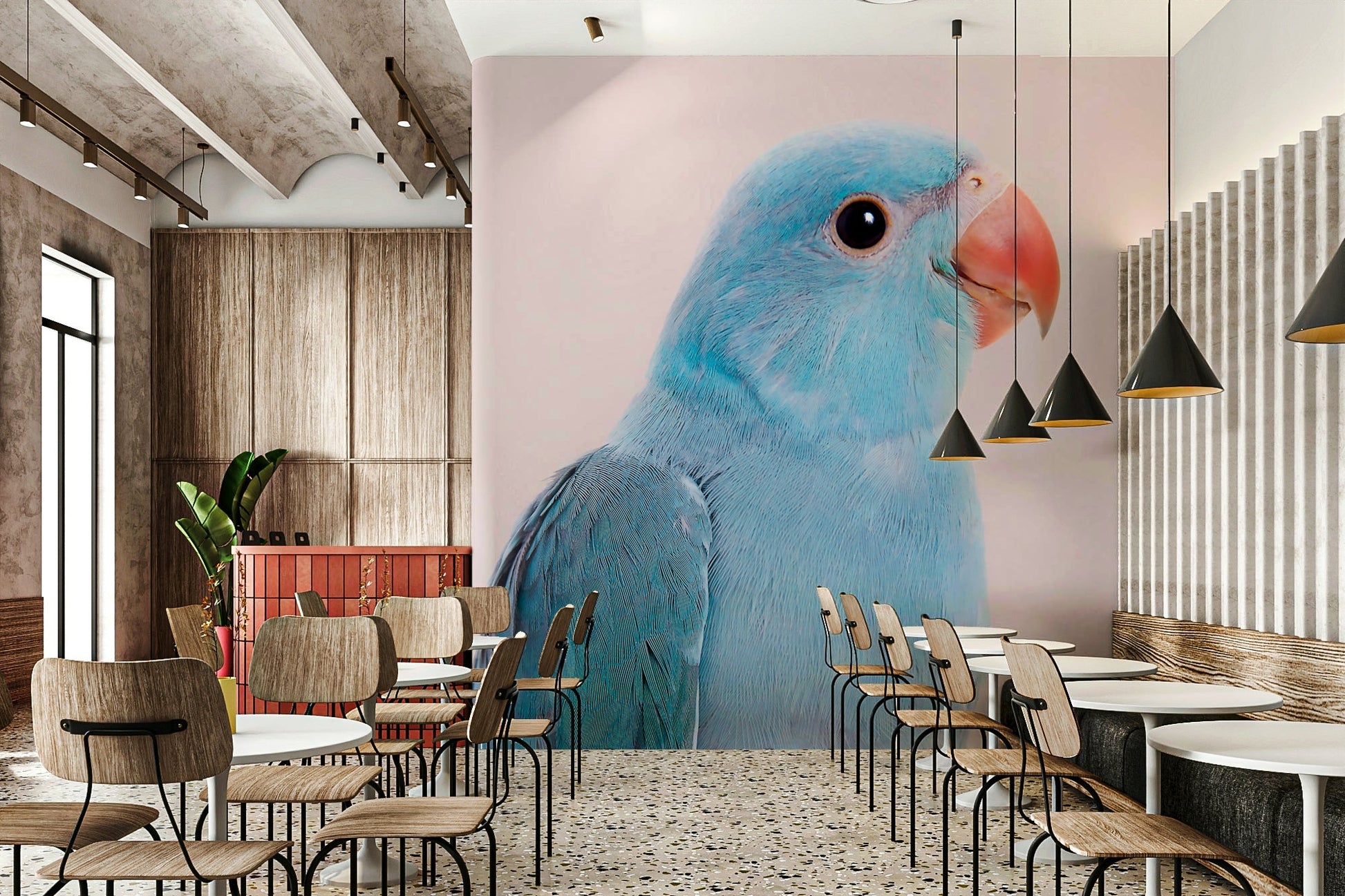 Nature-inspired mural with lovebirds and greenery

