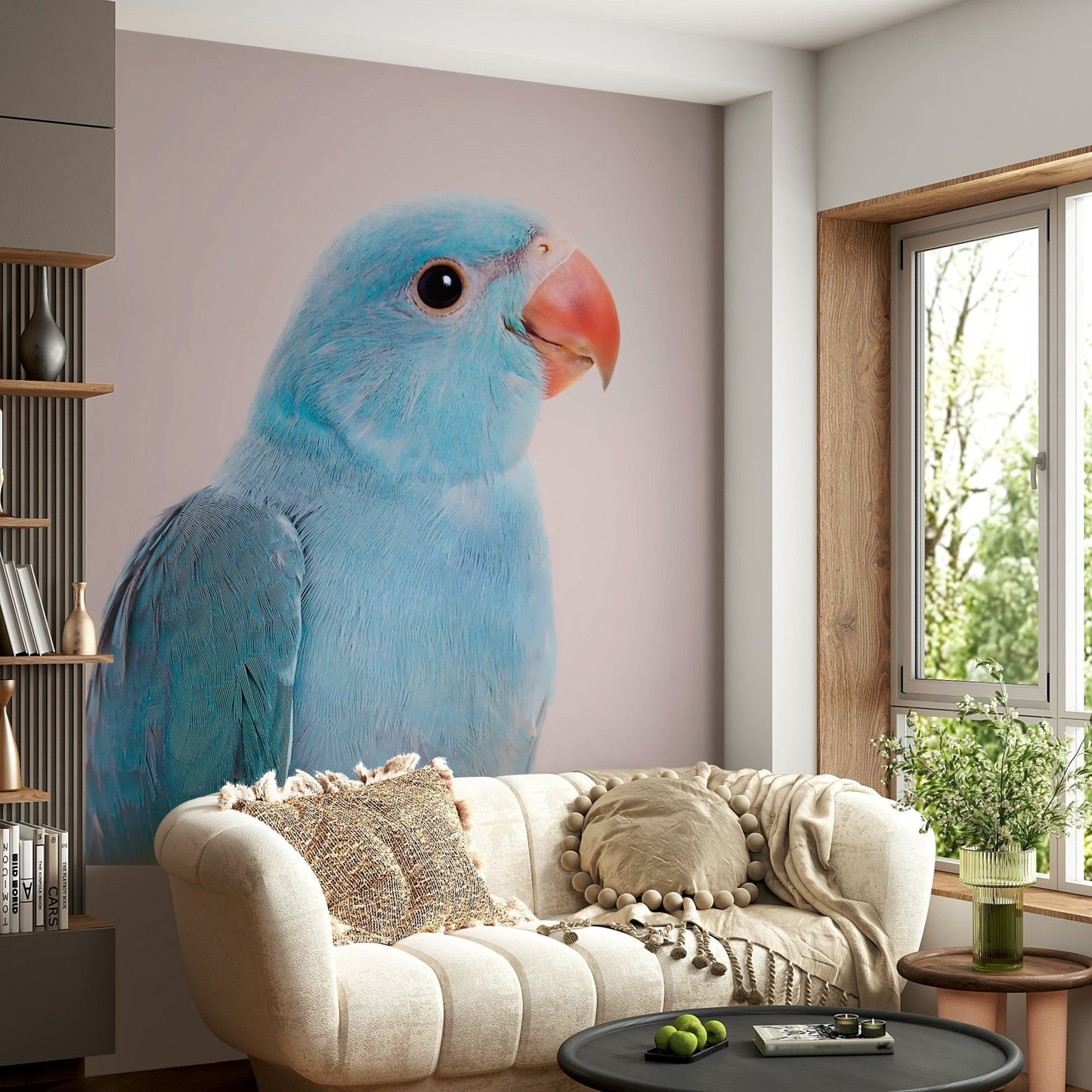 Colorful wall art featuring exotic lovebirds

