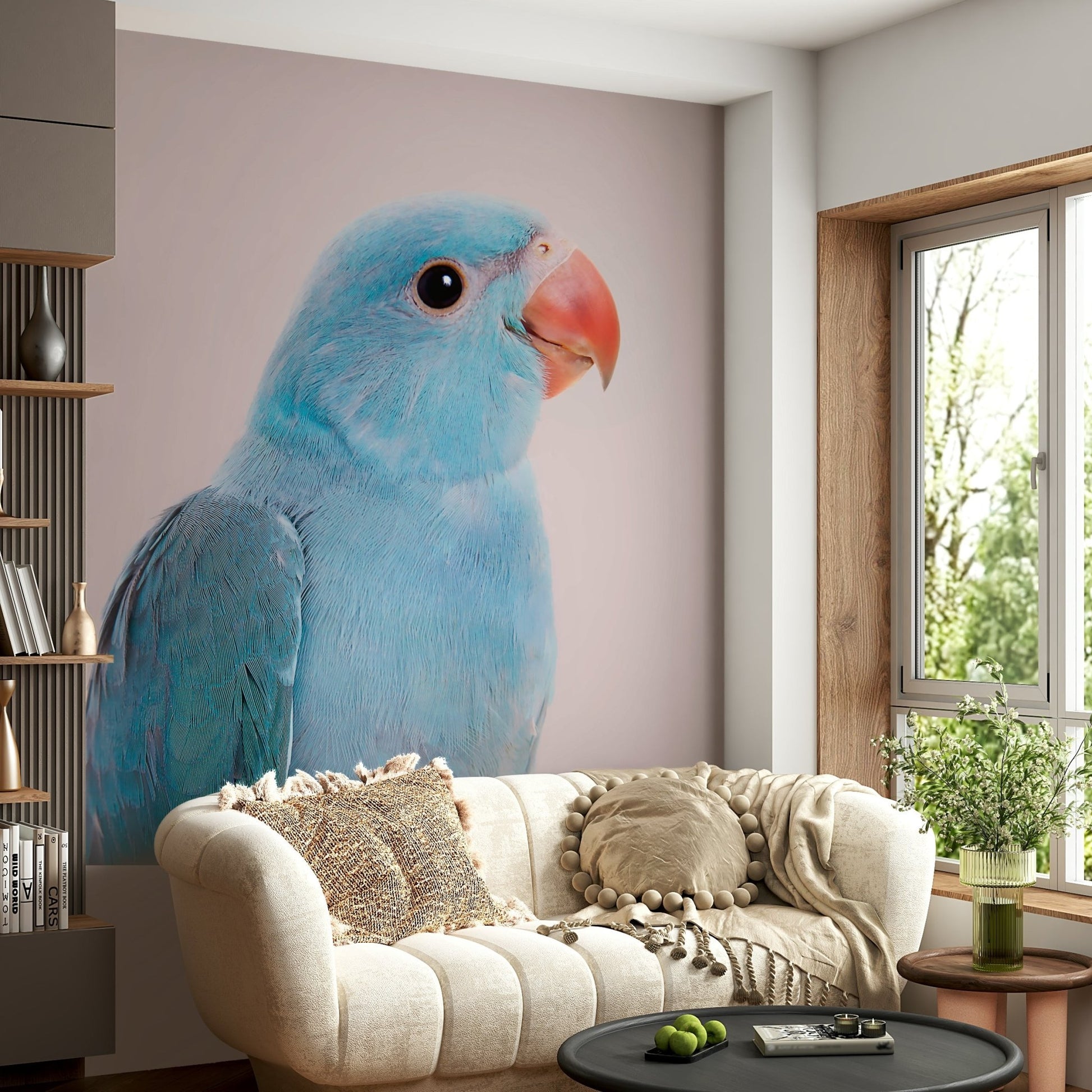 Colorful wall art featuring exotic lovebirds


