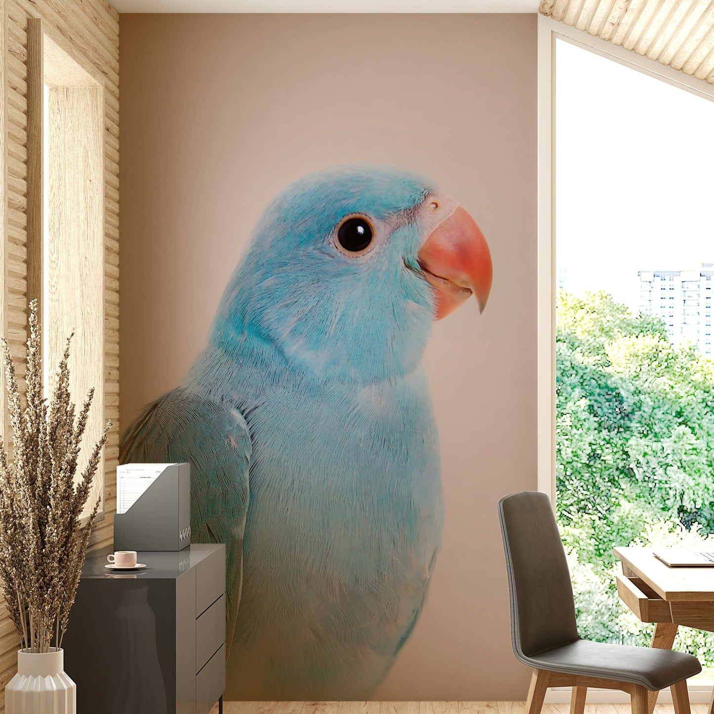 Romantic wall mural featuring colorful lovebirds

