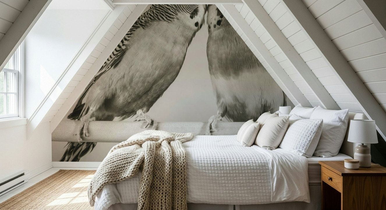 Black and white wall mural of sweet Lovebirds on a Perch.