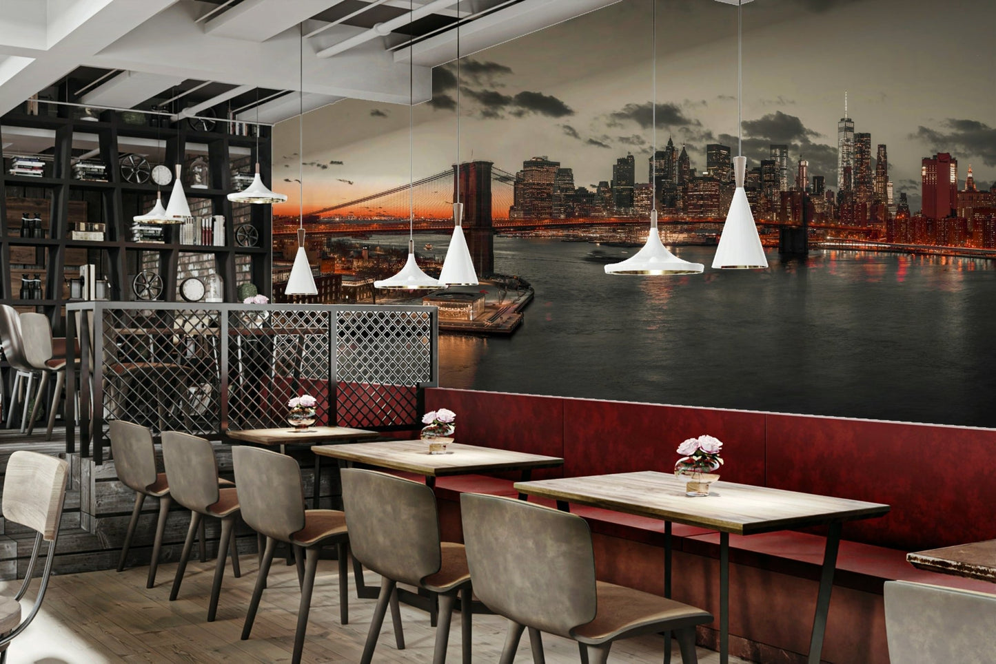 A minimalist home office with the scenic Manhattan wallpaper.

