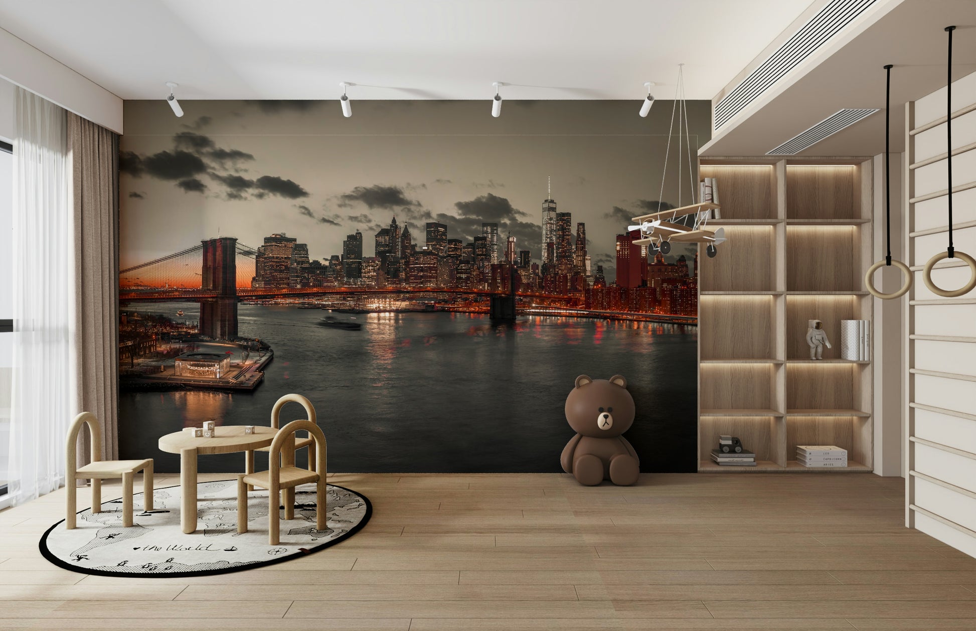 The wallpaper is used as a feature wall in a bedroom.

