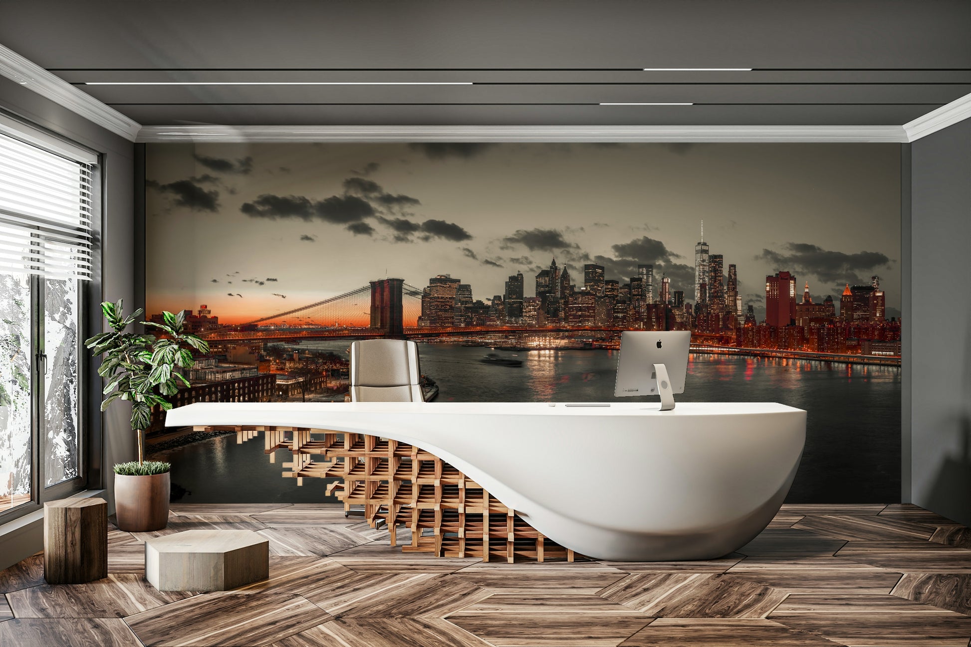 A living room featuring the iconic New York City wall mural.

