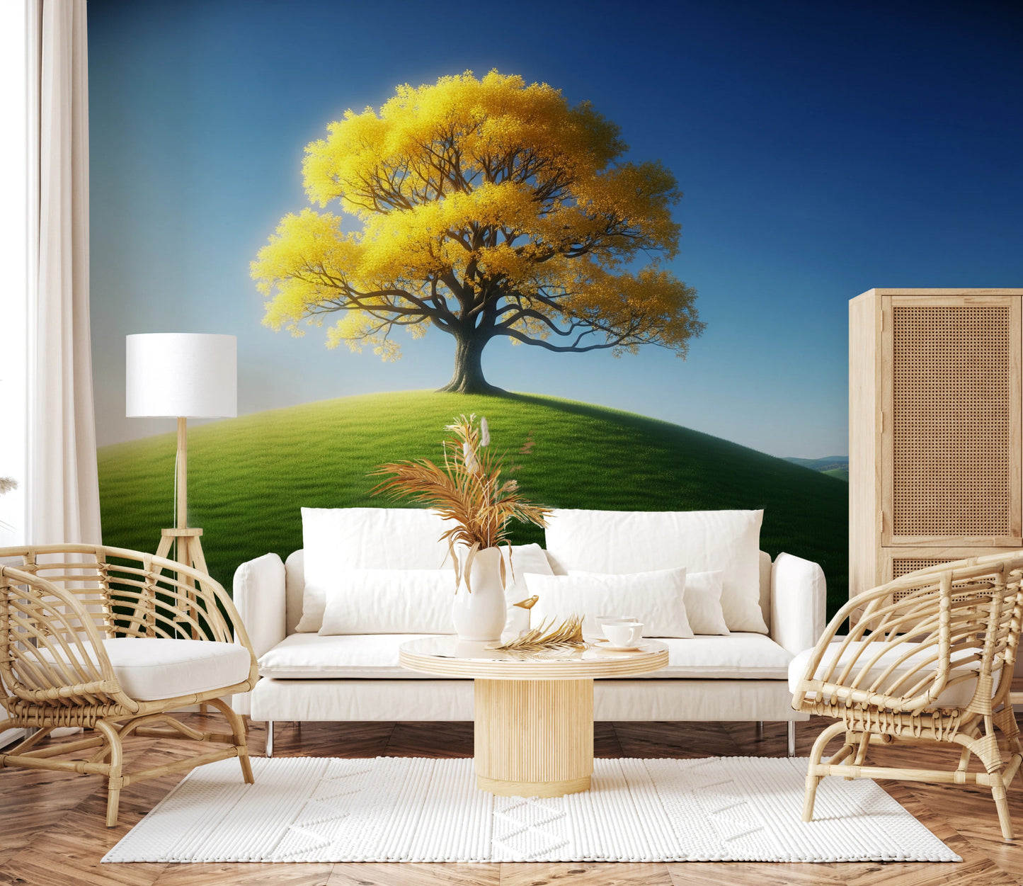 Single tree wall mural under blue sky