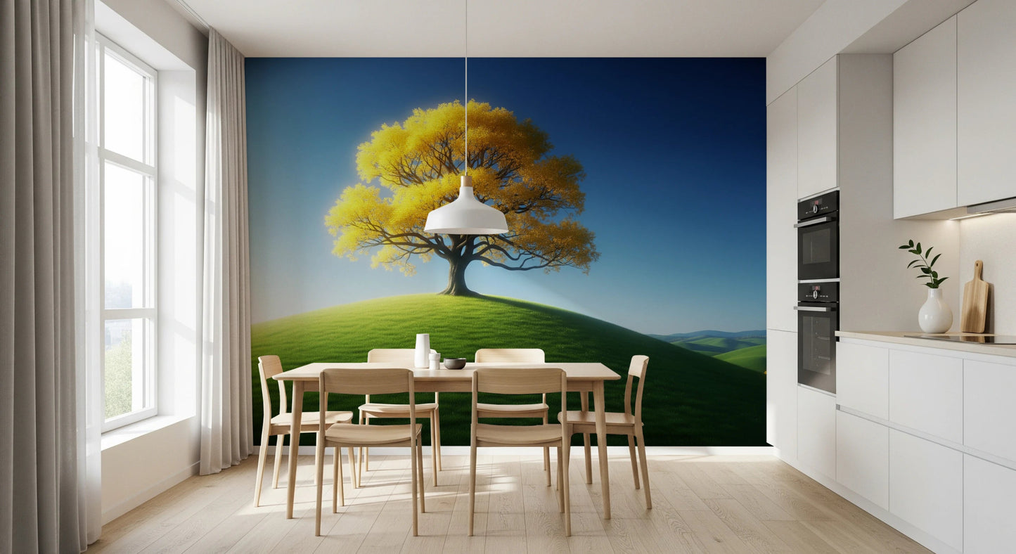 Tree scene wall mural with rolling hills