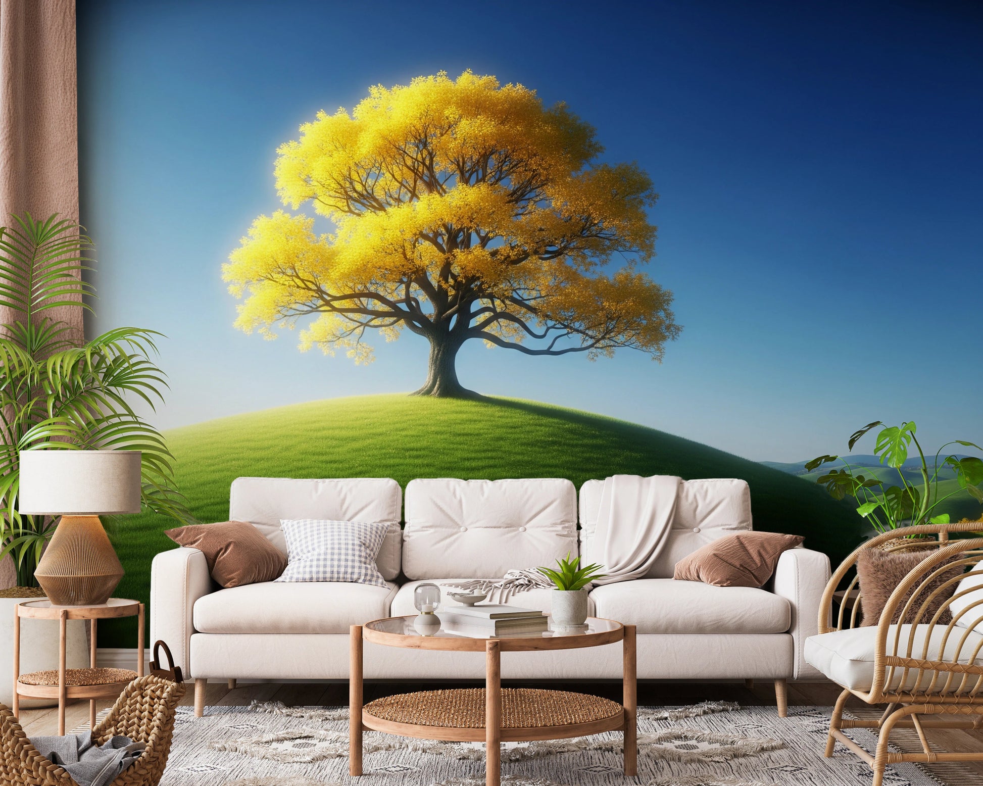 Tree landscape wall mural on green hills