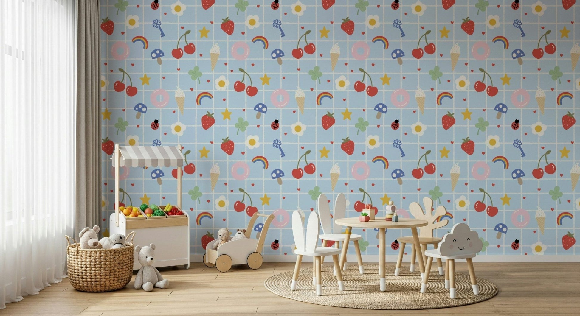 Lucky Charm wallpaper for walls: cheerful strawberries, donuts, and ladybugs.