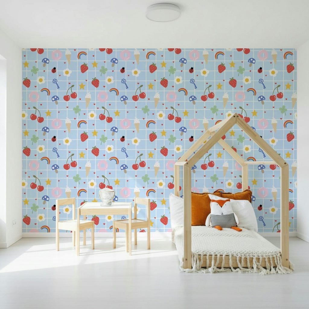 Sweet Lucky Charm mural, light blue checkered pattern, cherries, stars.
