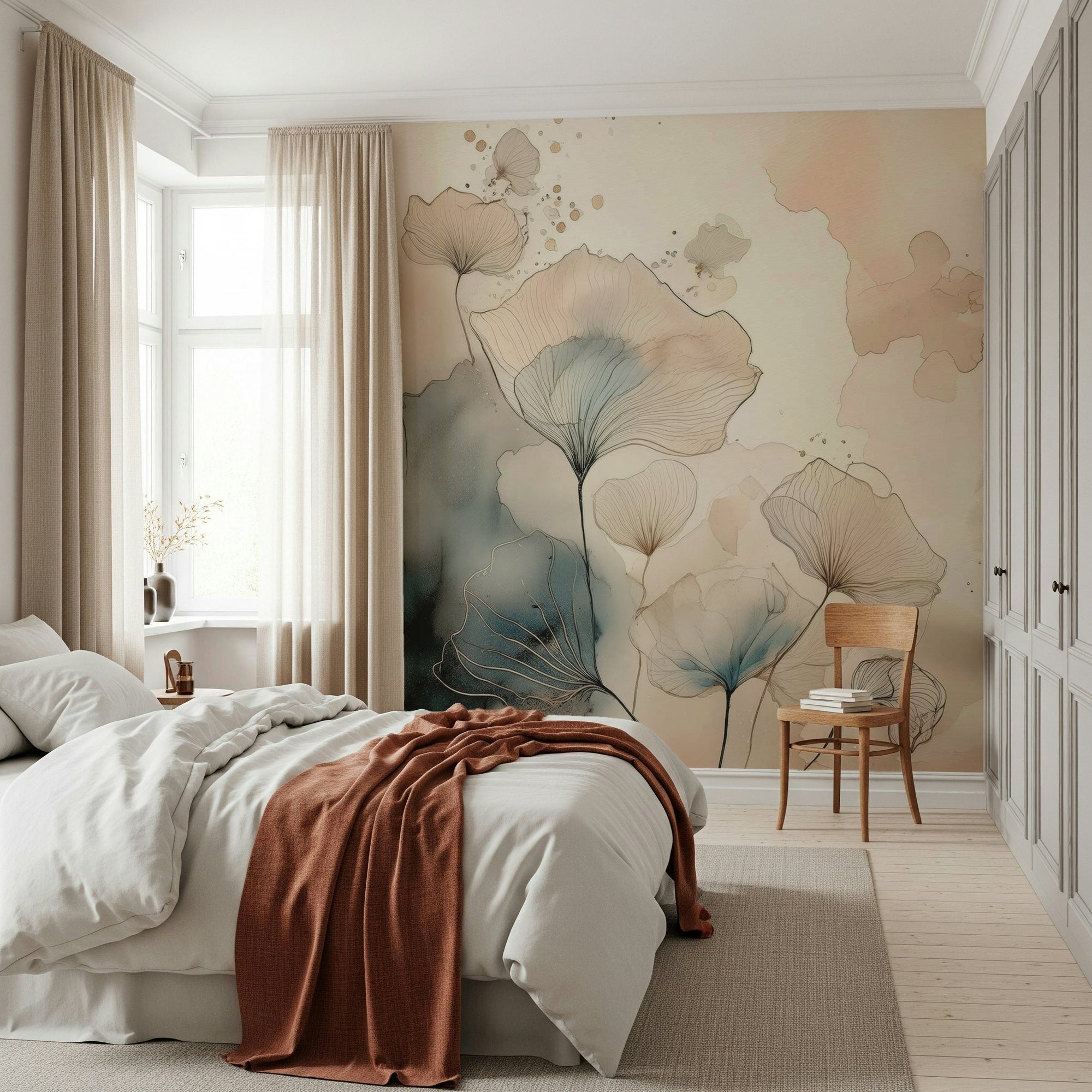 Luminous Botanical Lines Wall Mural in a bright contemporary living room., GD6363