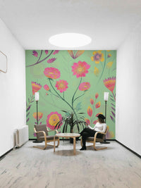 Teal floral mural wallpaper
