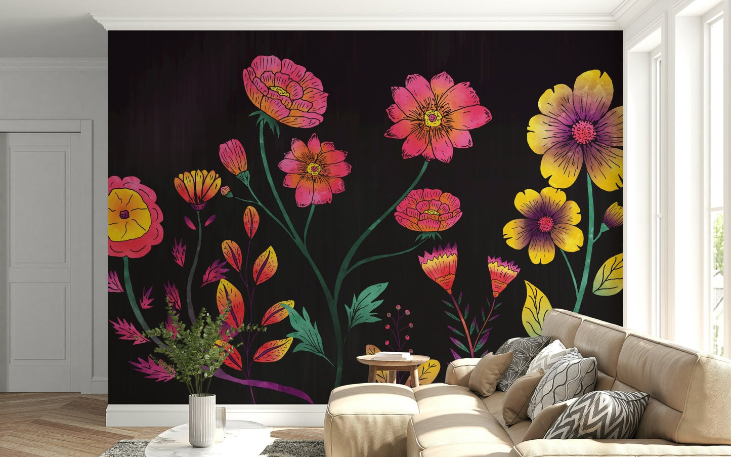 A calming floral design wallpaper mural that defines a space.