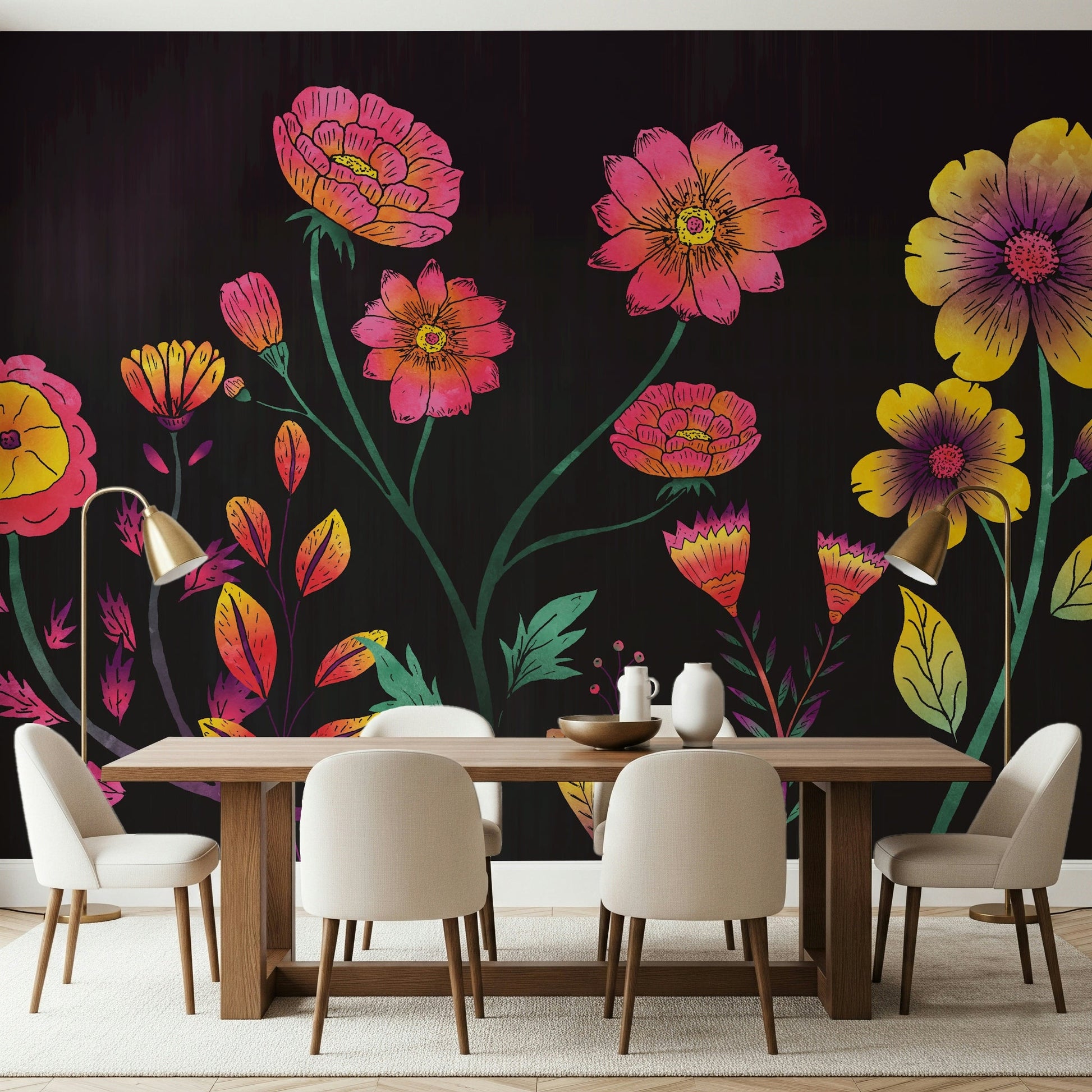 A peaceful flower design mural on decorative wallpaper.