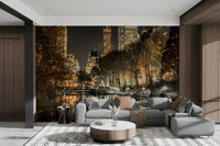 Urban park with trees and lights creating a calming atmosphere

