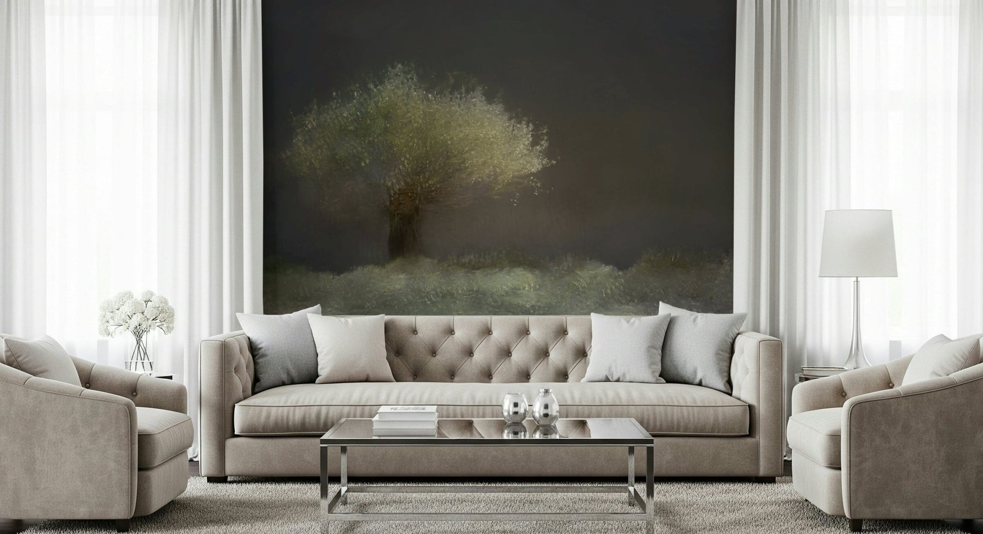 A calming serene forest wallpaper mural that defines a space., GD5661