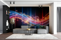 A full-wall mural of a serene ocean scene.

