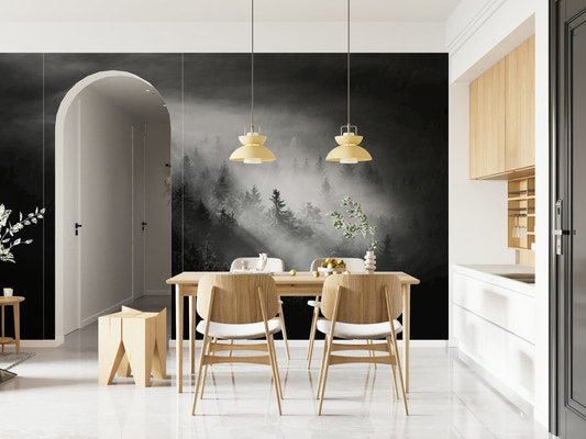 Spectacular black-white forest Luminous Woodland Island Fog wallpaper covering.