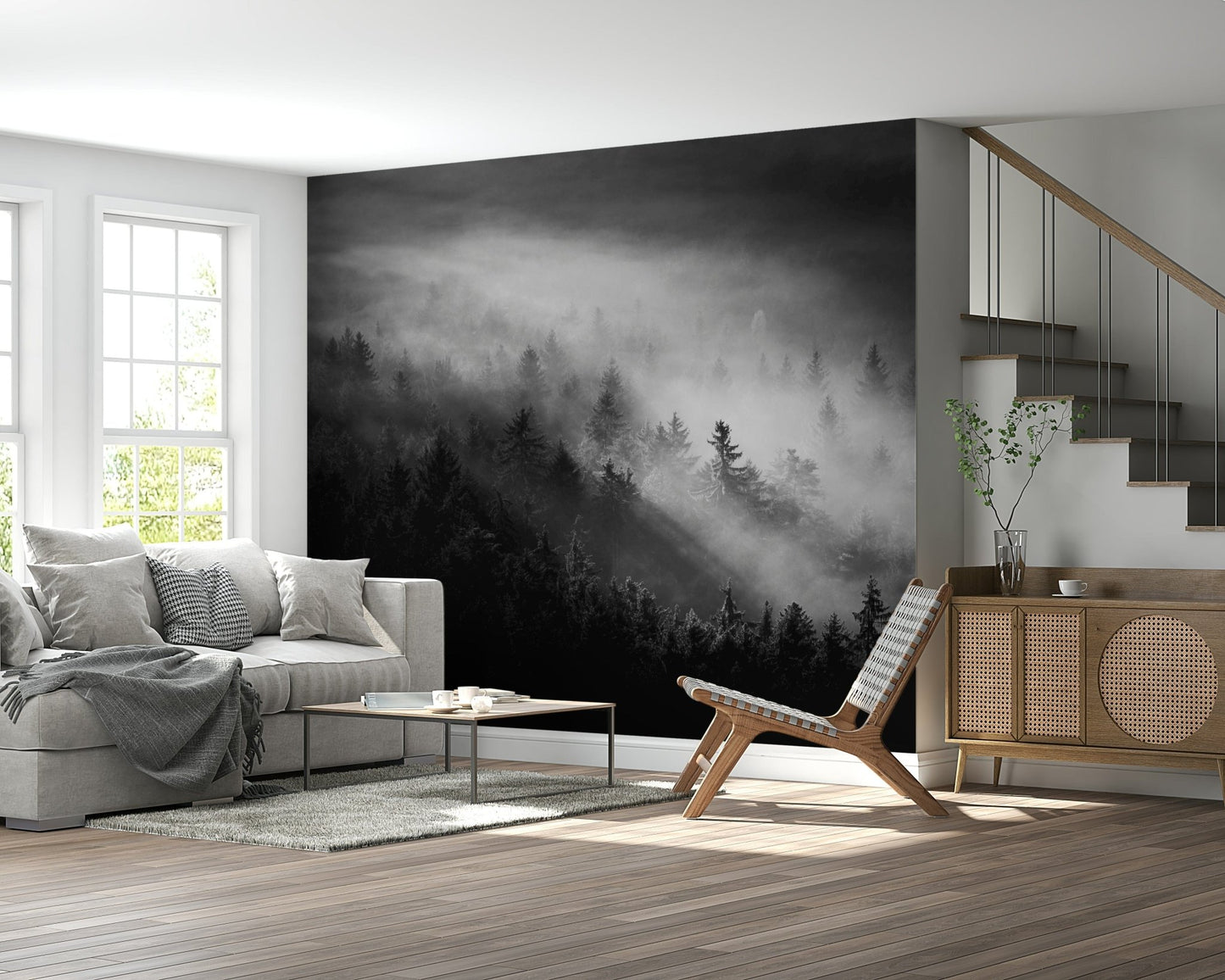 Shadowy forested valley Luminous Woodland Island Fog room mural installation.