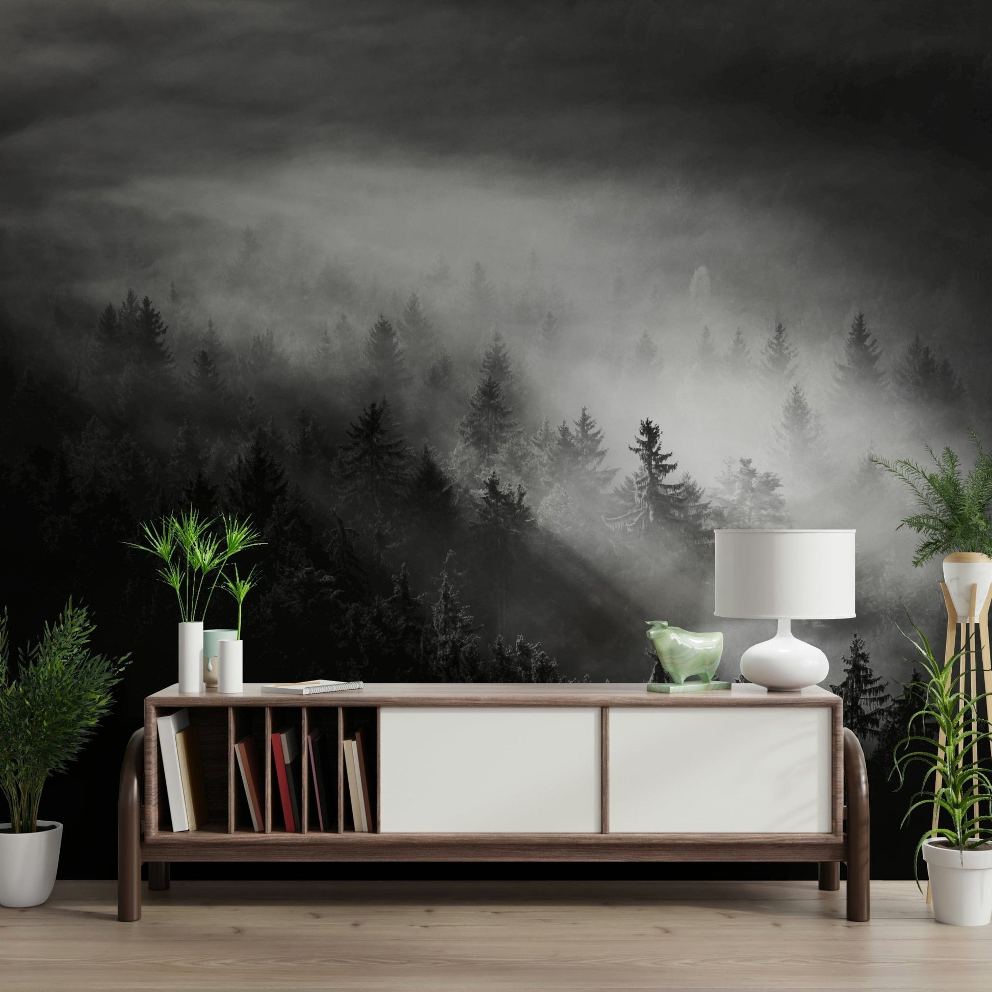 Beams of sunshine piercing mist Luminous Woodland Island Fog mural design.